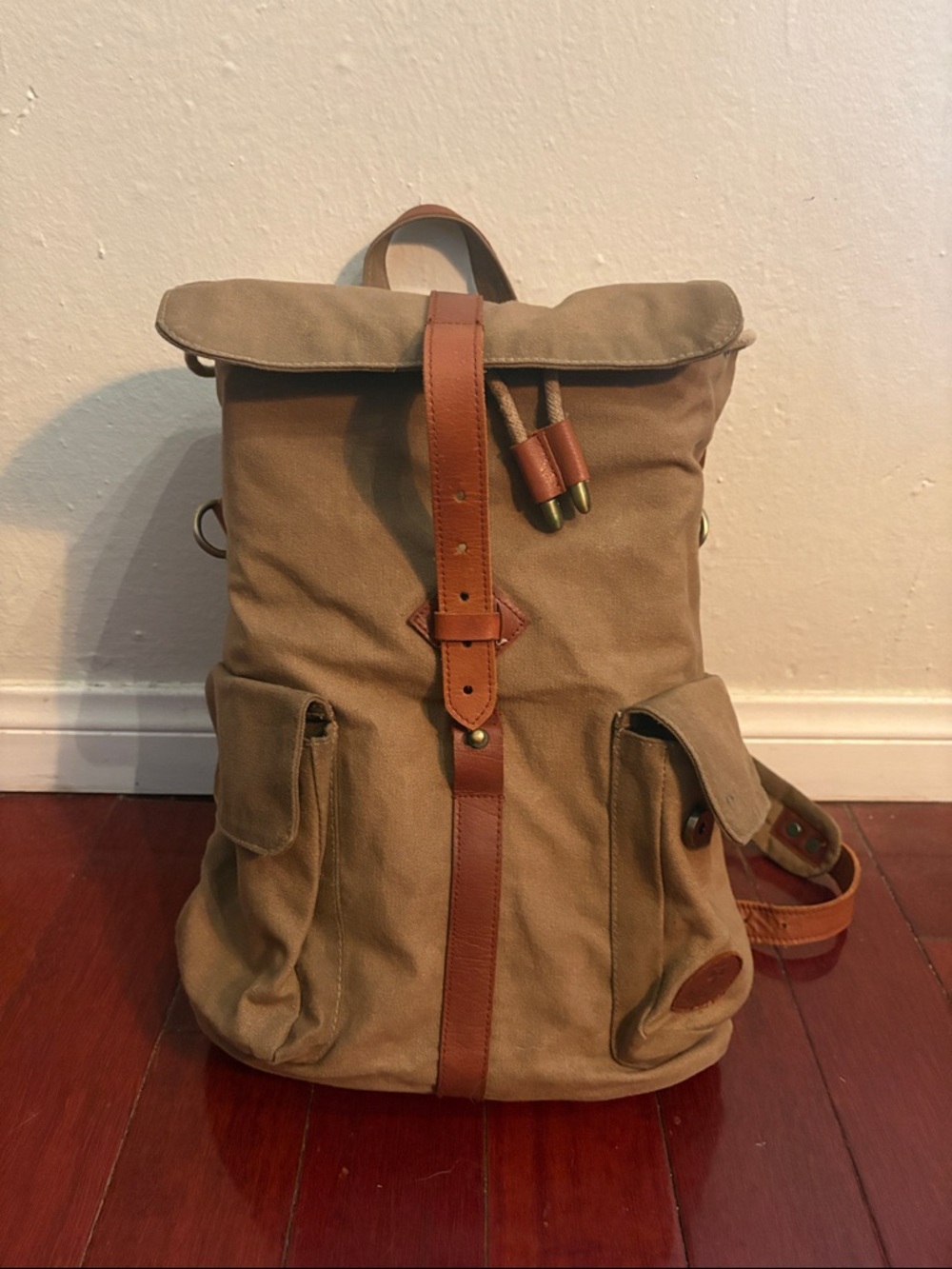 Iron and Resin Canvas Roll-Top Backpack in Khaki with Leather Trim